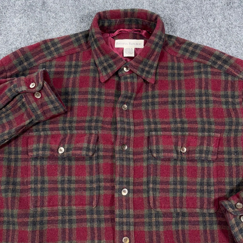 VTG Banana Republic Wool Blend Flannel Work Shirt Mens L Plaid Grandpa Shacket